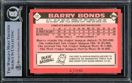 Barry Bonds Autographed 1986 Topps Traded Rookie Card #11T Pittsburgh Pirates Beckett BAS #14862653