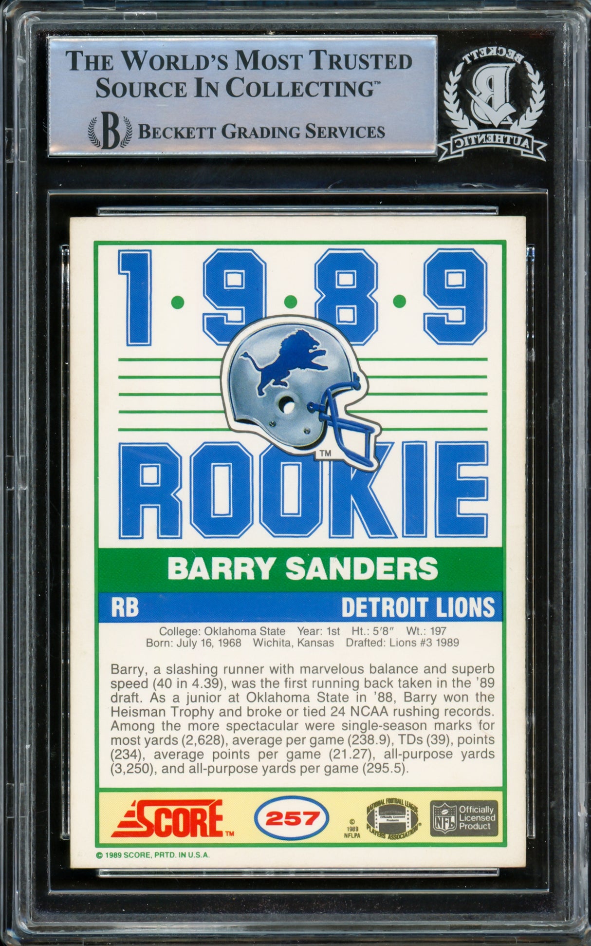 Barry Sanders Autographed 1989 Score Rookie Card #257 Detroit Lions Beckett BAS #14862895