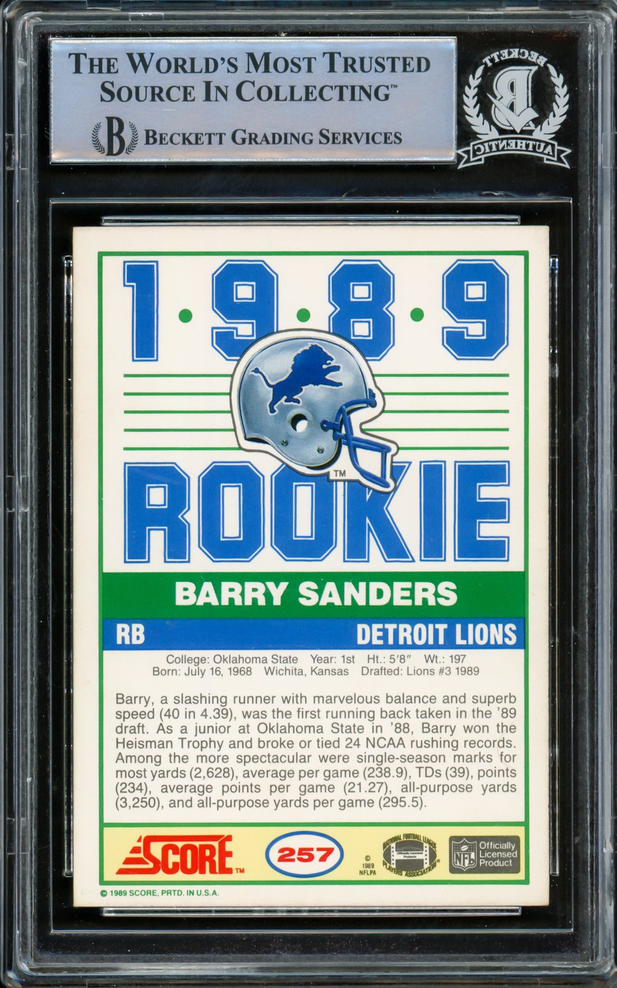 Barry Sanders Autographed 1989 Score Rookie Card #257 Detroit Lions Beckett BAS #14862895