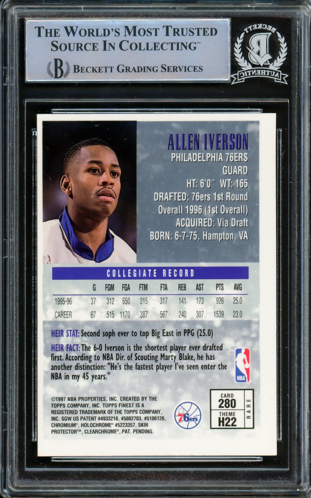 Allen Iverson Autographed 1996-97 Topps Finest Gold Rookie Card #280 Philadelphia 76ers Beckett BAS #14863445