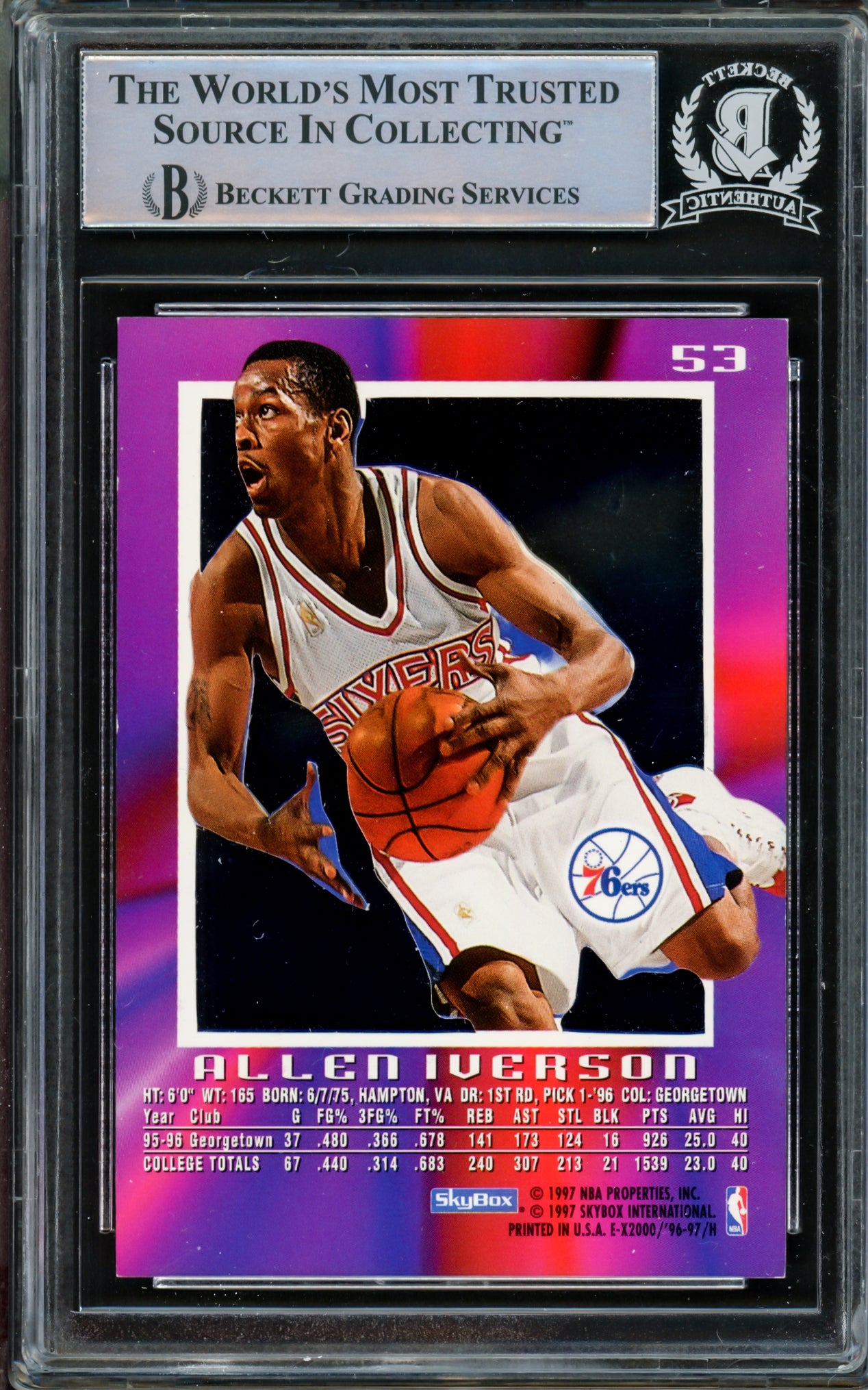 Allen Iverson Autographed 1996-97 E-X2000 Rookie Card #53 Philadelphia 76ers Beckett BAS #14863448