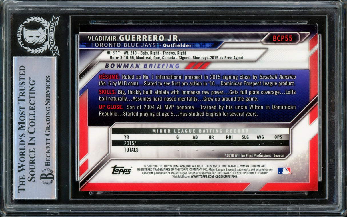 Vladimir Guerrero Jr. Autographed 2016 Bowman Chrome Prospects Rookie Card #BCP55 Toronto Blue Jays Beckett BAS #14863473