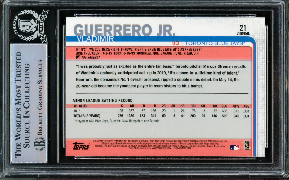 Vladimir Guerrero Jr. Autographed 2019 Topps Chrome Update Rookie Card #21 Toronto Blue Jays Beckett BAS #14863526