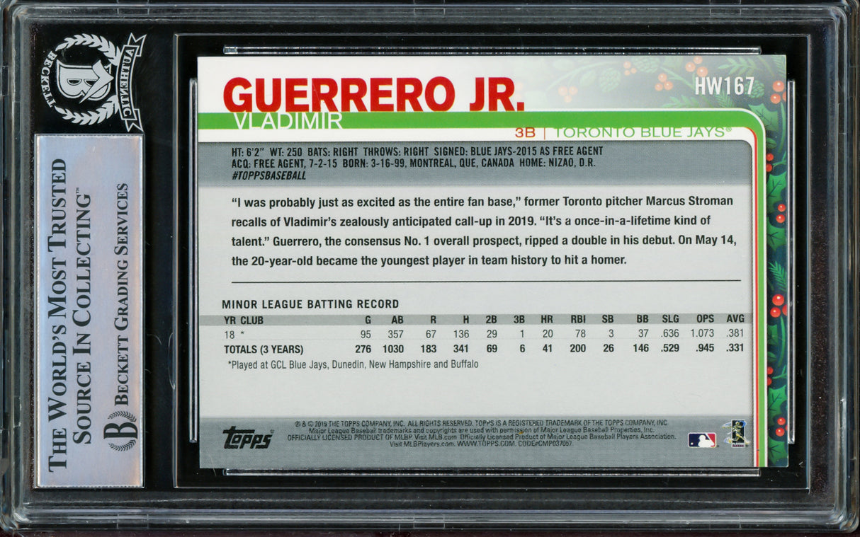 Vladimir Guerrero Jr. Autographed 2019 Topps Holiday Rookie Card #HW167 Toronto Blue Jays Beckett BAS #14863553