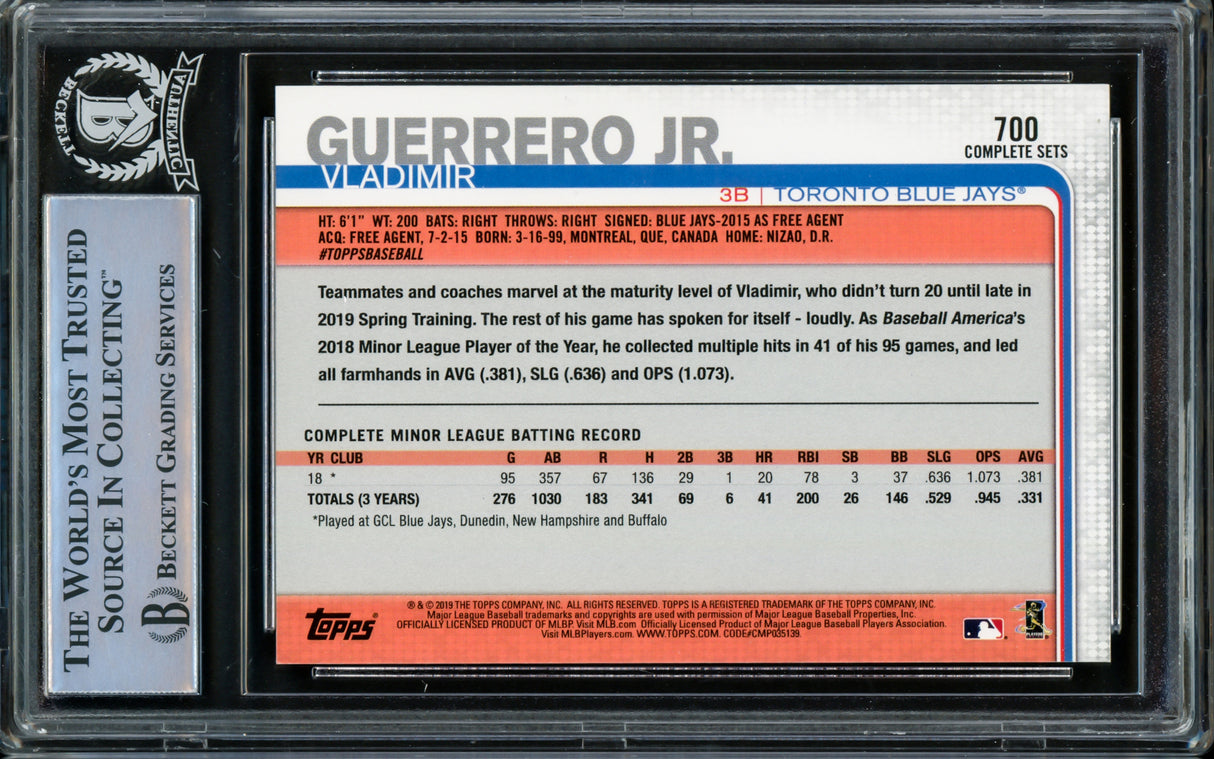 Vladimir Guerrero Jr. Autographed 2019 Topps Complete Set Variation Rookie Card #700D Toronto Blue Jays Beckett BAS #14863554