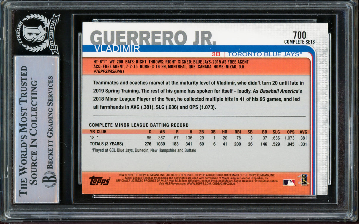 Vladimir Guerrero Jr. Autographed 2019 Topps Complete Set Rookie Card #700C Toronto Blue Jays Beckett BAS #14863559