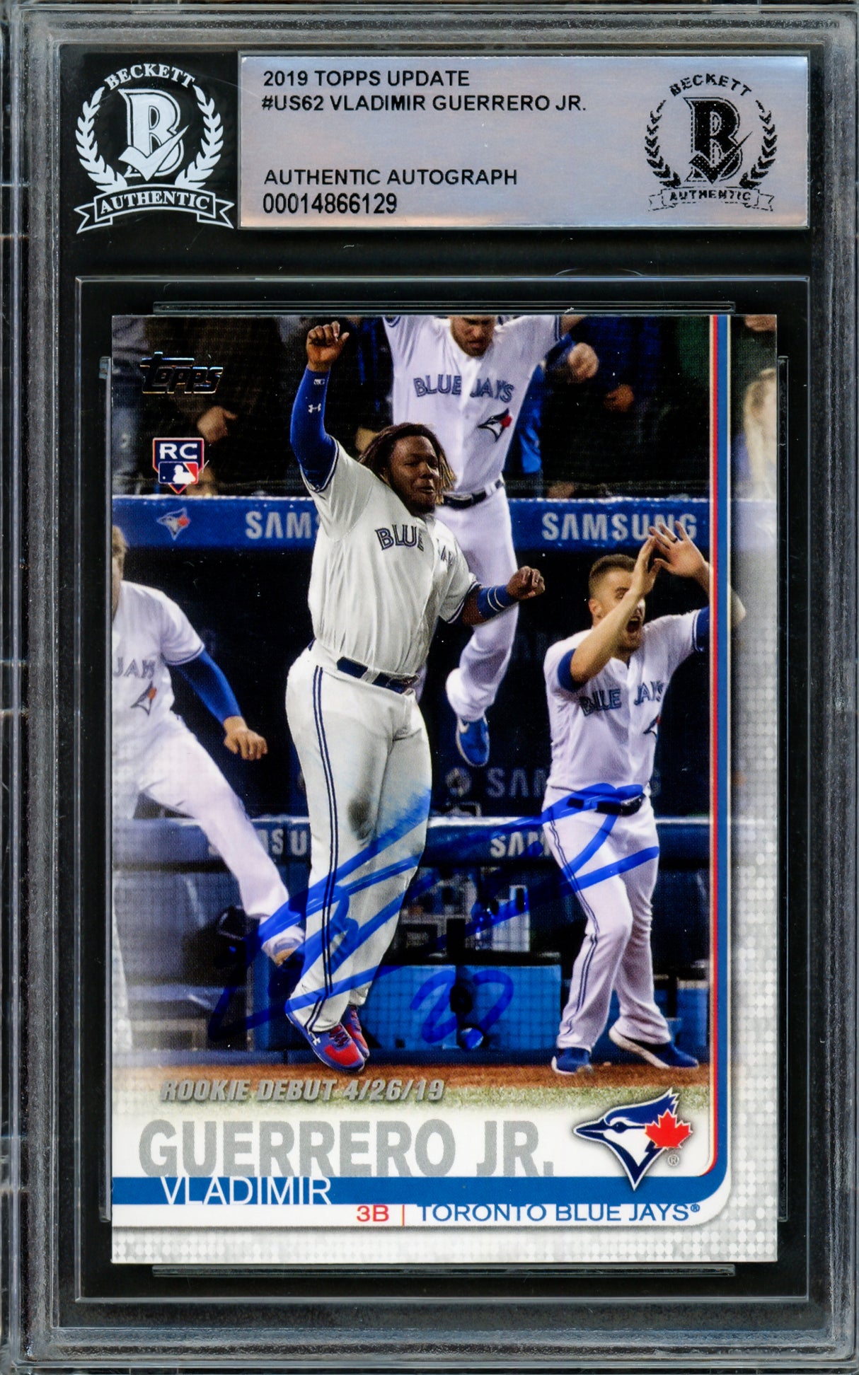 Vladimir Guerrero Jr. Autographed 2019 Topps Update Rookie Card #US62 Toronto Blue Jays (Smudged) Beckett BAS #14866129