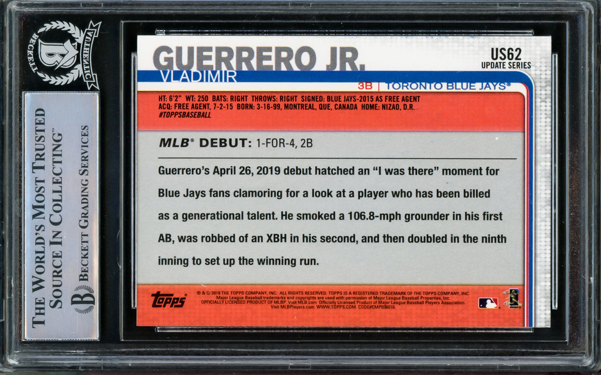 Vladimir Guerrero Jr. Autographed 2019 Topps Update Rookie Card #US62 Toronto Blue Jays (Smudged) Beckett BAS #14866129