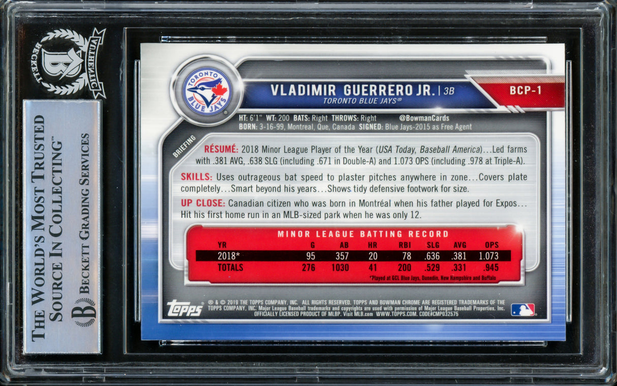 Vladimir Guerrero Jr. Autographed 2019 Bowman Chrome Prospects Rookie Card #BCP-1 Toronto Blue Jays Beckett BAS #14866179