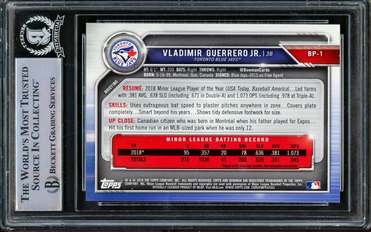 Vladimir Guerrero Jr. Autographed 2019 Bowman Prospects Rookie Card #BP-1 Toronto Blue Jays Beckett BAS #14866180