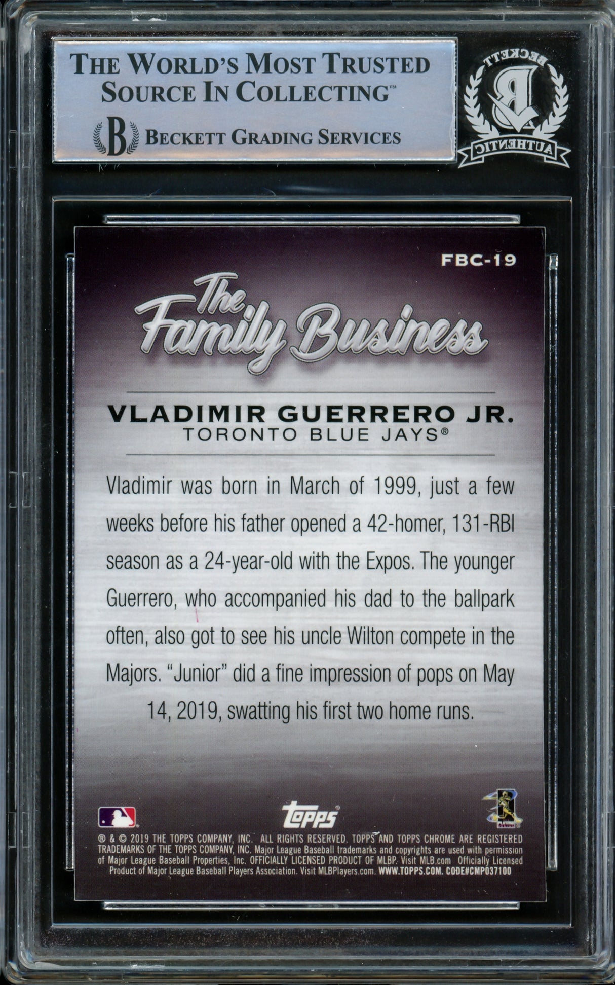 Vladimir Guerrero Jr. Autographed 2019 Topps Chrome Family Business Rookie Card #FBC-19 Toronto Blue Jays Beckett BAS #14866203