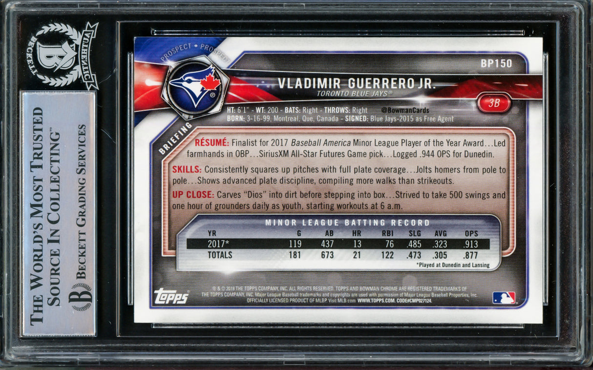 Vladimir Guerrero Jr. Autographed 2018 Bowman Prospects Rookie Card #BP150 Toronto Blue Jays Beckett BAS #14866204