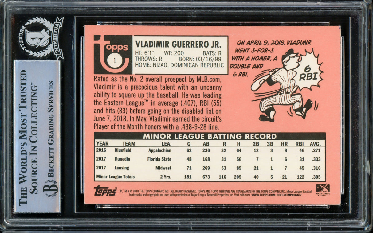 Vladimir Guerrero Jr. Autographed 2018 Topps Heritage Minor League Rookie Card #1 Toronto Blue Jays Beckett BAS #14866207
