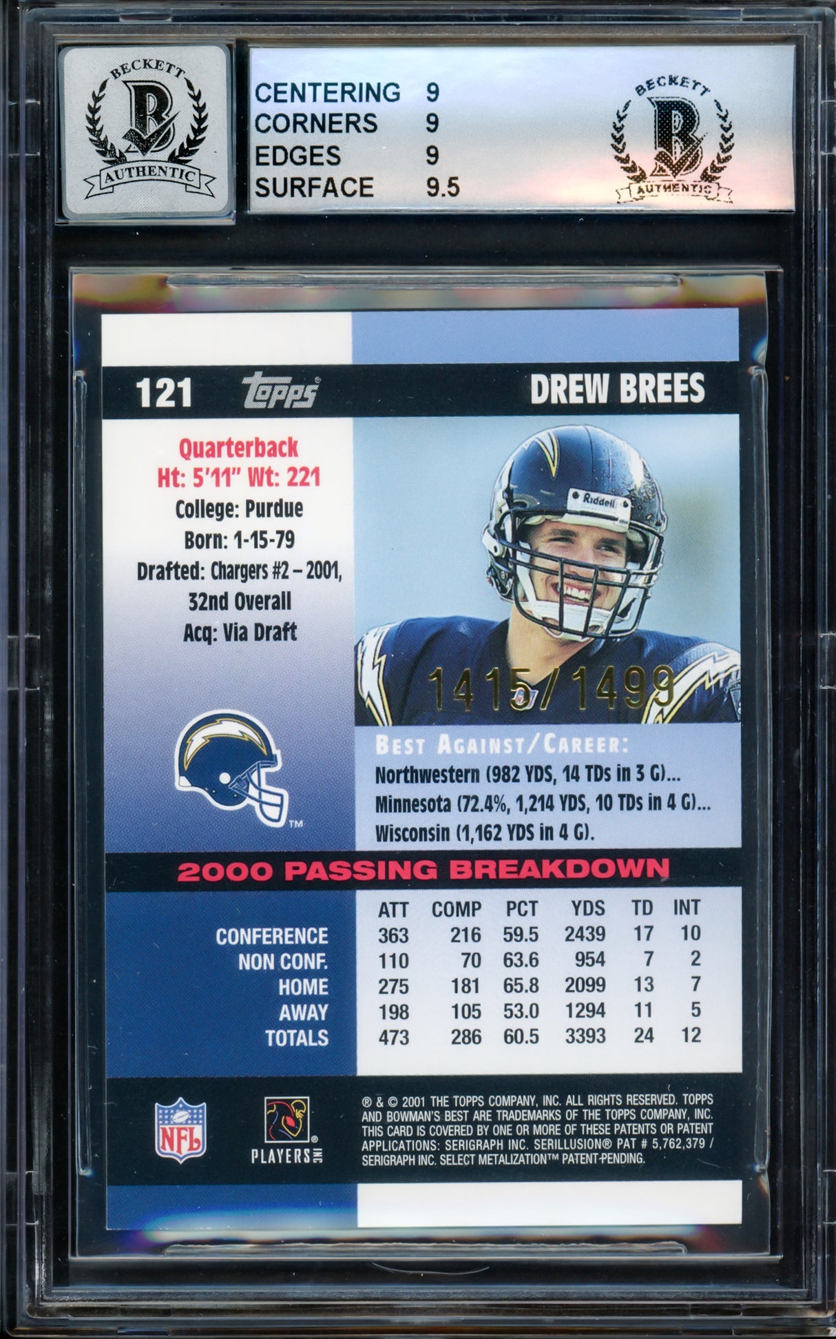 Drew Brees Autographed 2001 Bowman's Best Rookie Card #121 New Orleans Saints BGS 9 Auto Grade Gem Mint 10 Beckett BAS #14323831