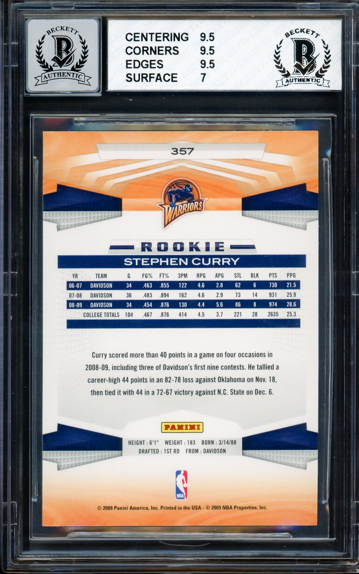 Stephen Curry Autographed 2009-10 Panini Rookie Card #357 Golden State Warriors BGS 8 Auto Grade Gem Mint 10 Beckett BAS #14984860
