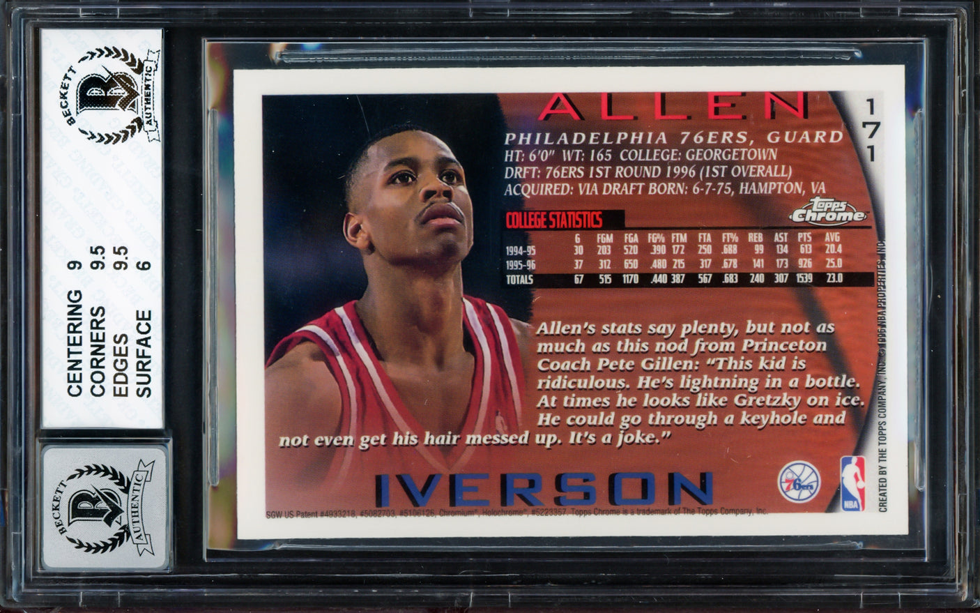 Allen Iverson Autographed 1996-97 Topps Chrome Rookie Card #171 Philadelphia 76ers BGS 7 Auto Grade Gem Mint 10 Beckett BAS #14323830