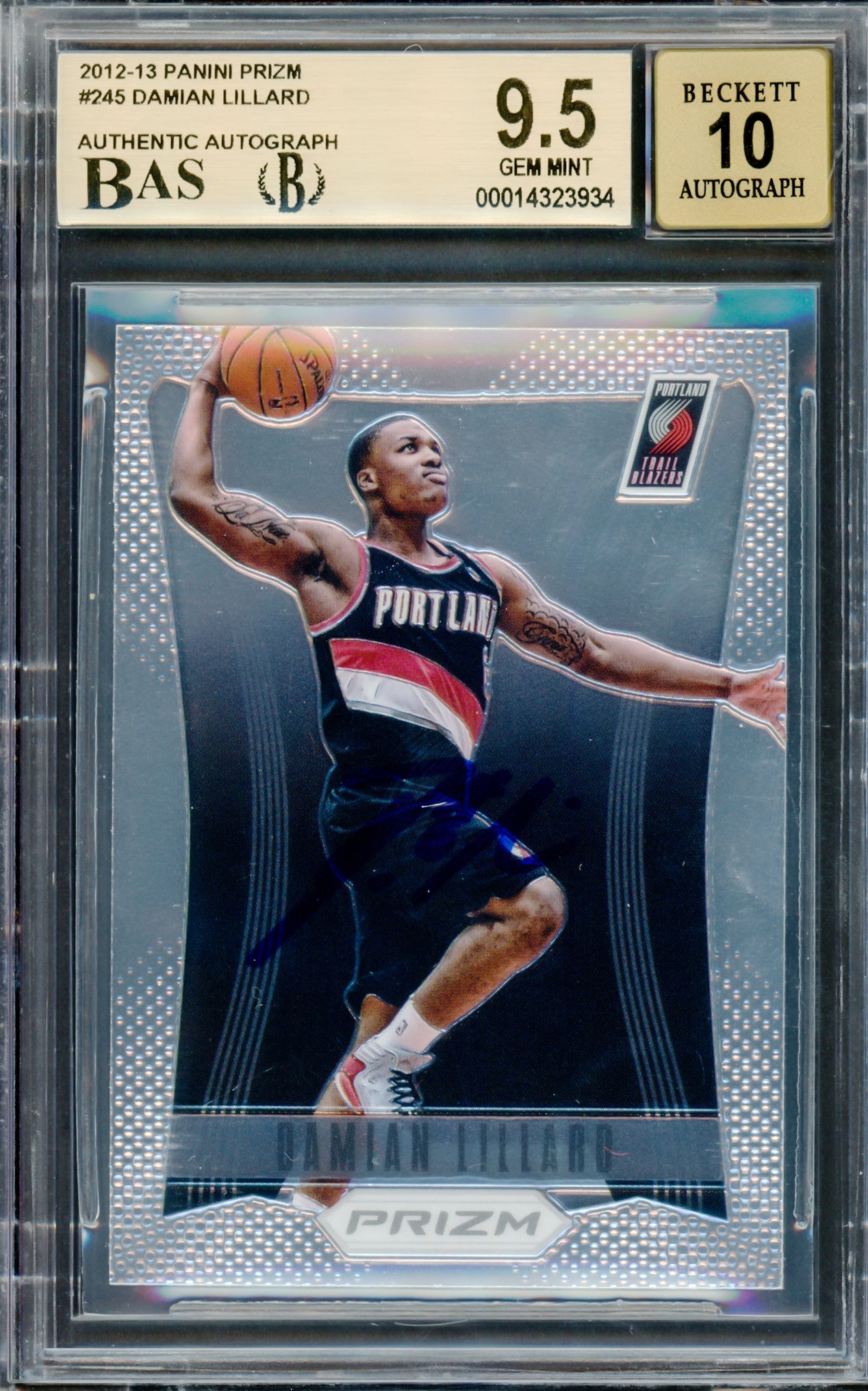 Damian Lillard Autographed 2012-13 Panini Prizm Rookie Card #245 Portland Trail Blazers BGS 9.5 Auto Grade Gem Mint 10 Beckett BAS #14323934