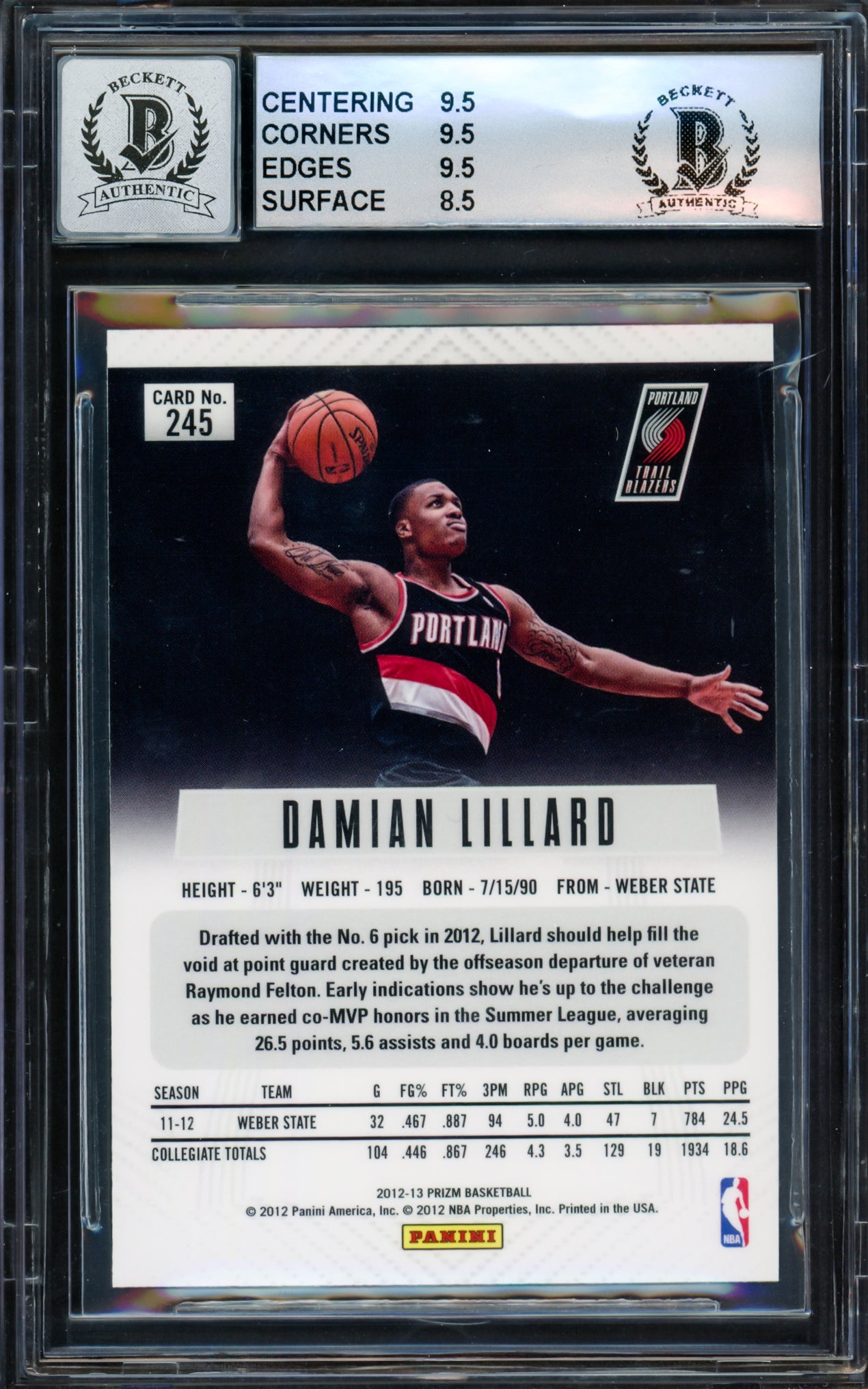 Damian Lillard Autographed 2012-13 Panini Prizm Rookie Card #245 Portland Trail Blazers BGS 9 Auto Grade Gem Mint 10 Beckett BAS #14323933