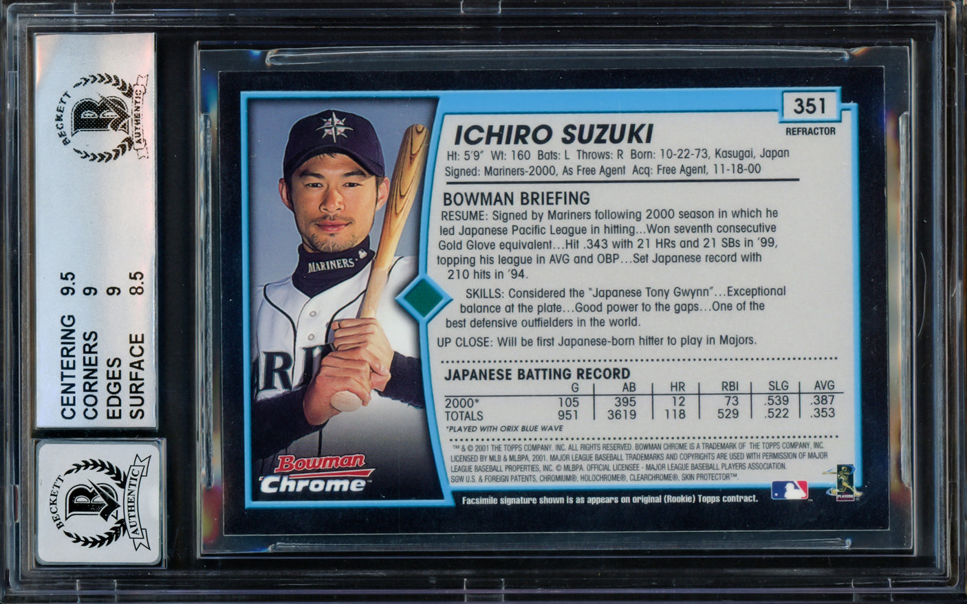 Ichiro Suzuki Autographed 2001 Bowman Chrome Rookie Card #351A Seattle Mariners BGS 9 Auto Grade Gem Mint 10 "01 ROY/MVP" Beckett BAS #14984826