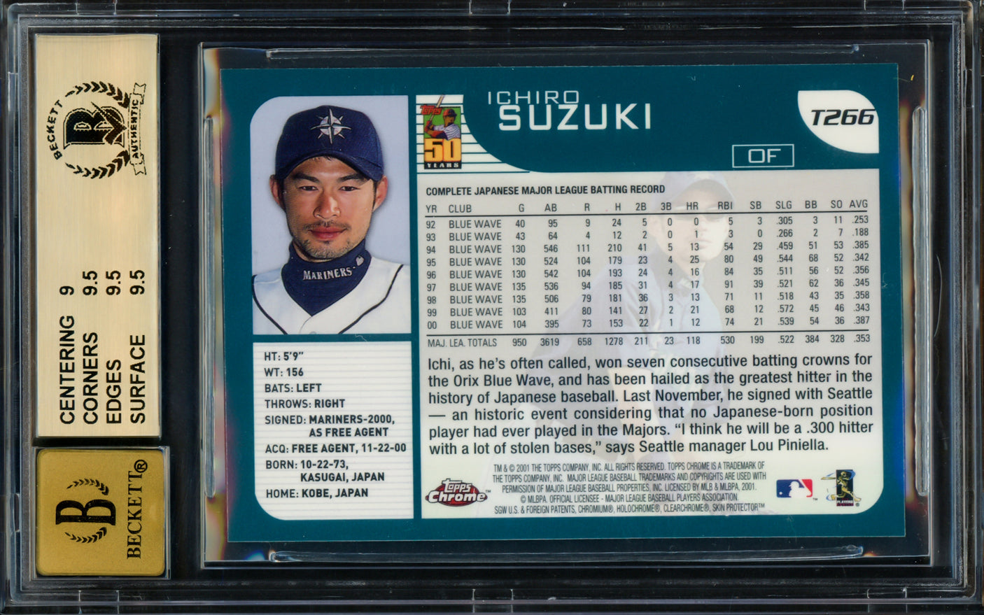 Ichiro Suzuki Autographed 2001 Topps Chrome Traded Rookie Card #T266 Seattle Mariners BGS 9.5 Auto Grade Gem Mint 10 Beckett BAS #14323819