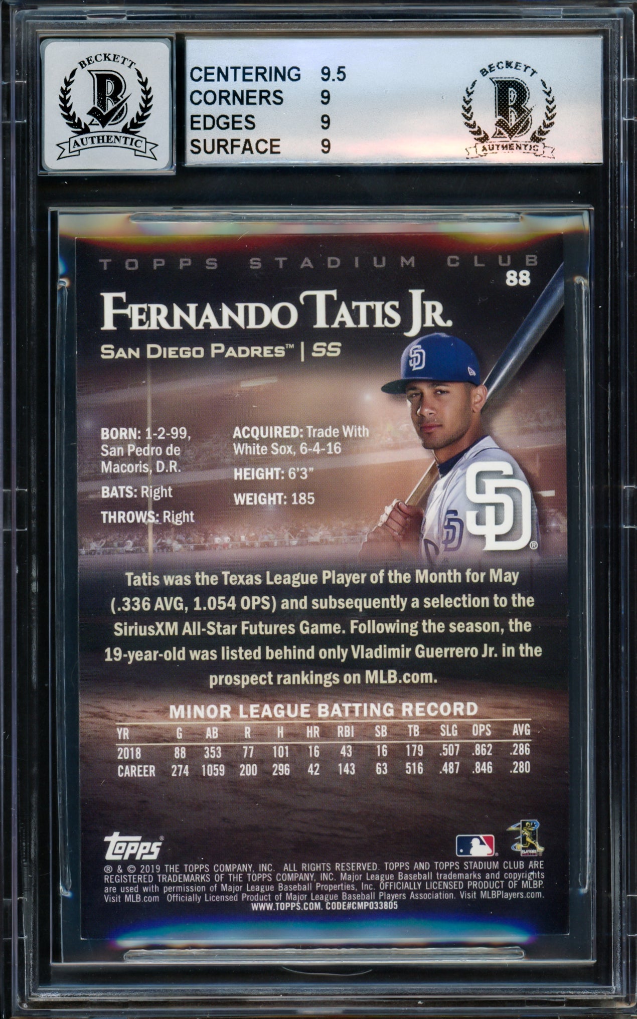 Fernando Tatis Jr. Autographed 2019 Topps Stadium Club Sunglass Variation Rookie Card #88 San Diego Padres BGS 9 Auto Grade Gem Mint 10 Beckett BAS #14323905