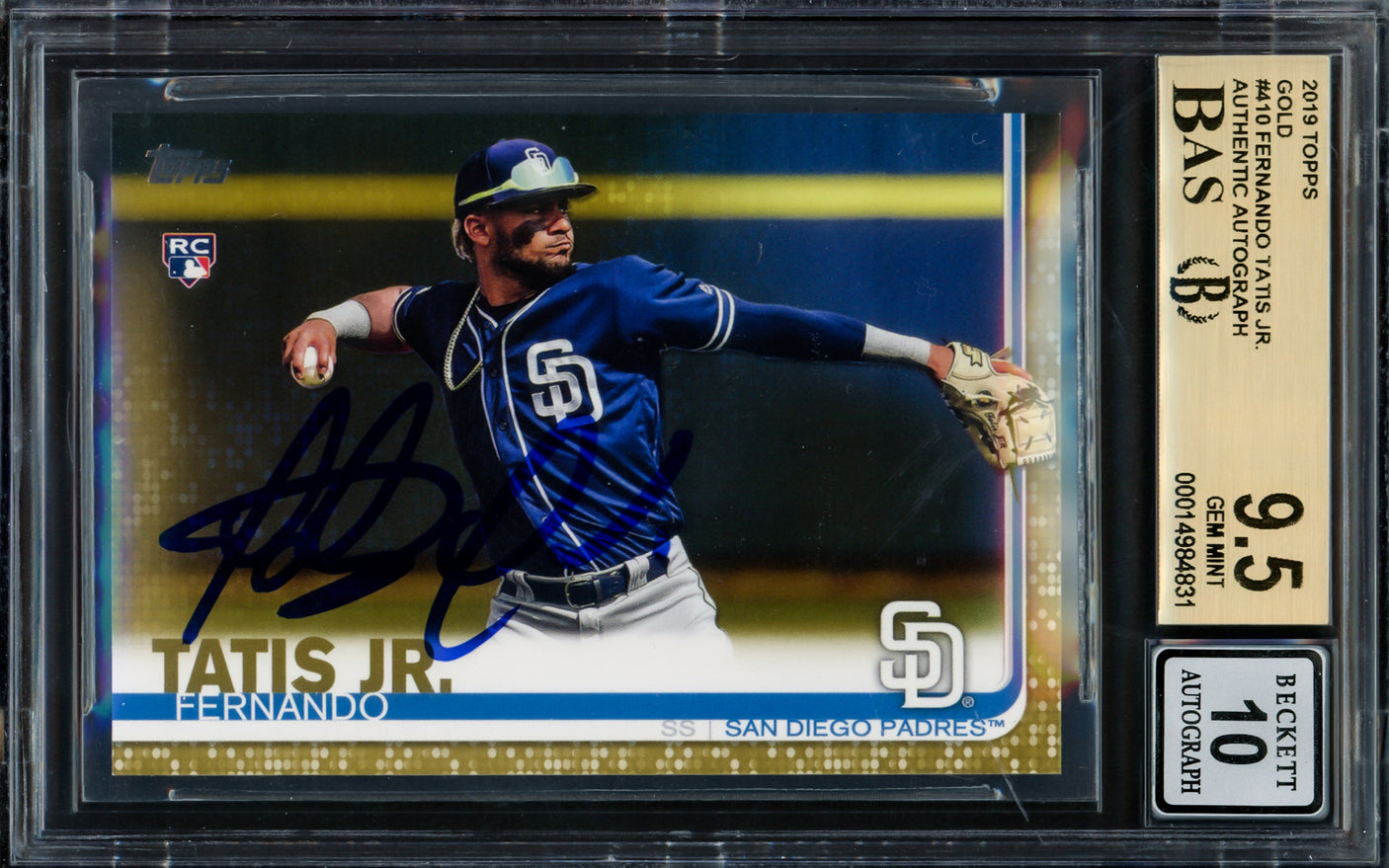 Fernando Tatis Jr. Autographed 2019 Topps Gold Rookie Card #410 San Diego Padres BGS 9.5 Auto Grade Gem Mint 10 Beckett BAS #14984831
