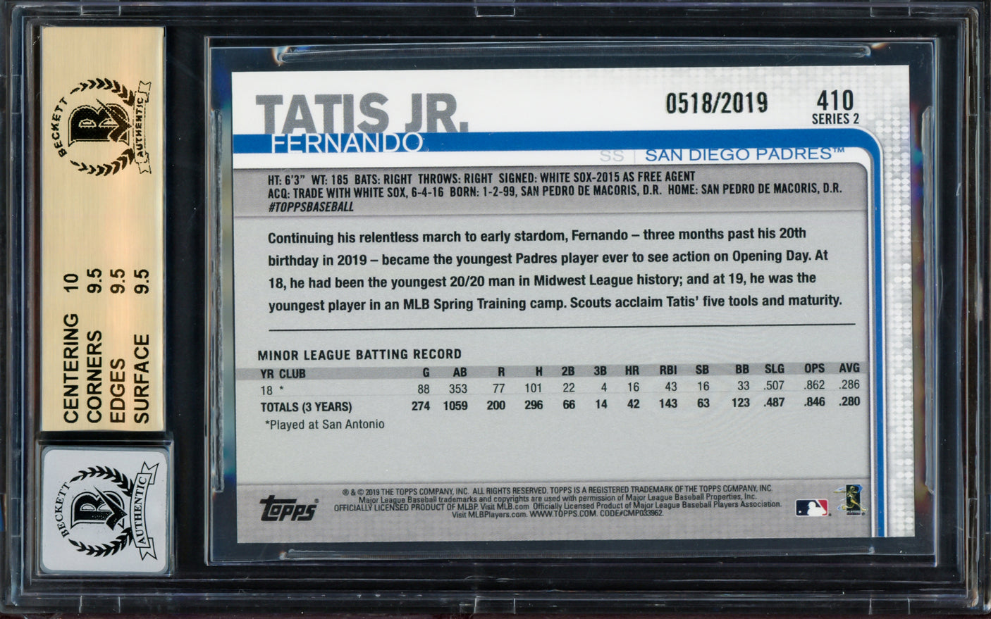 Fernando Tatis Jr. Autographed 2019 Topps Gold Rookie Card #410 San Diego Padres BGS 9.5 Auto Grade Gem Mint 10 Beckett BAS #14984831