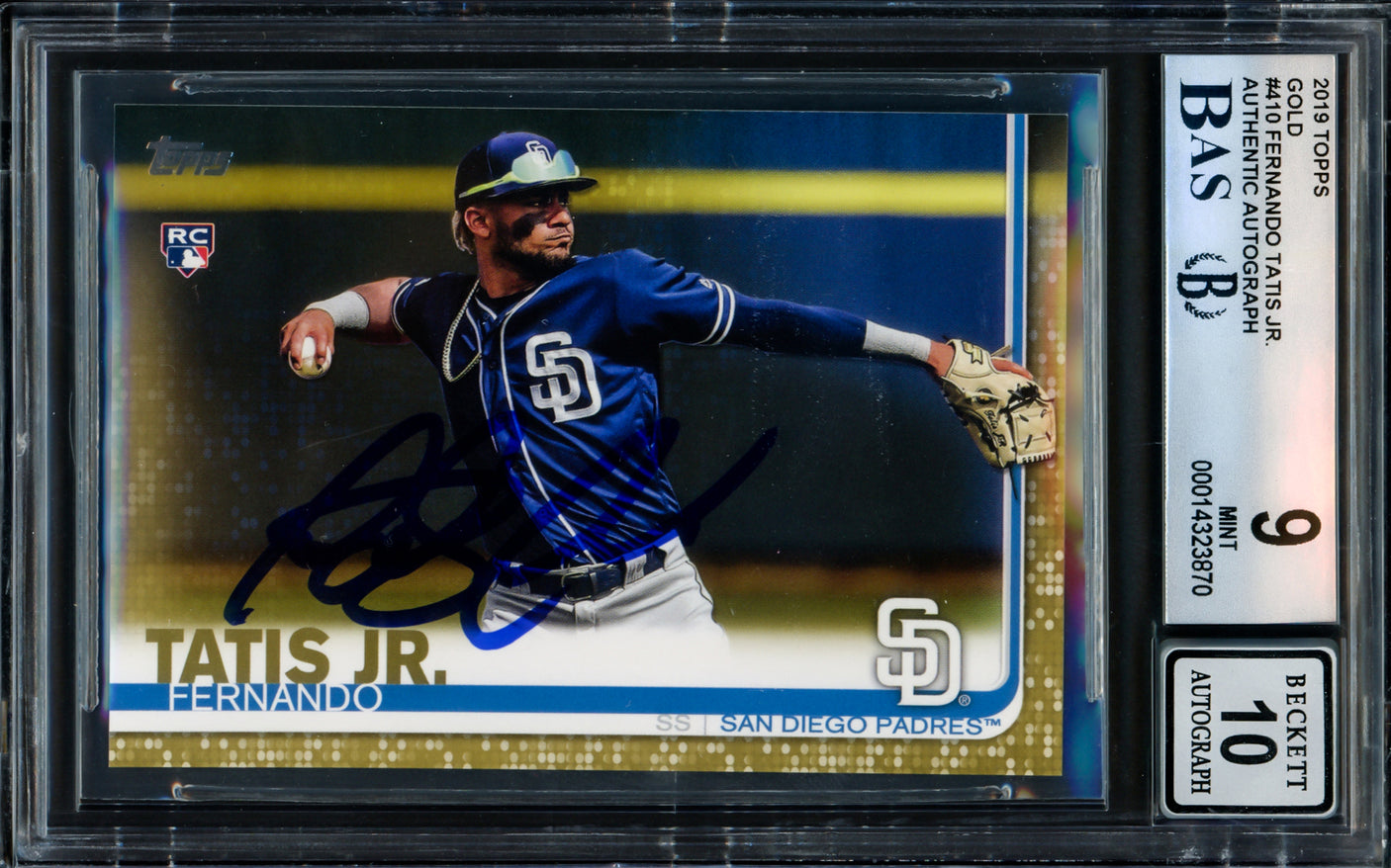 Fernando Tatis Jr. Autographed 2019 Topps Gold Rookie Card #410 San Diego Padres BGS 9 Auto Grade Gem Mint 10 Beckett BAS #14323870