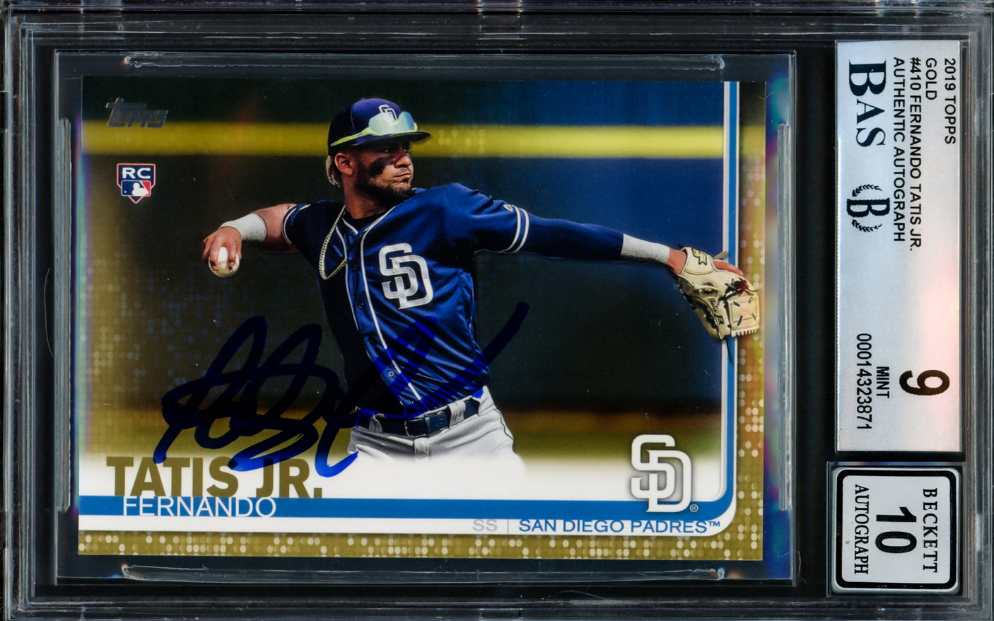 Fernando Tatis Jr. Autographed 2019 Topps Gold Rookie Card #410 San Diego Padres BGS 9 Auto Grade Gem Mint 10 Beckett BAS #14323871