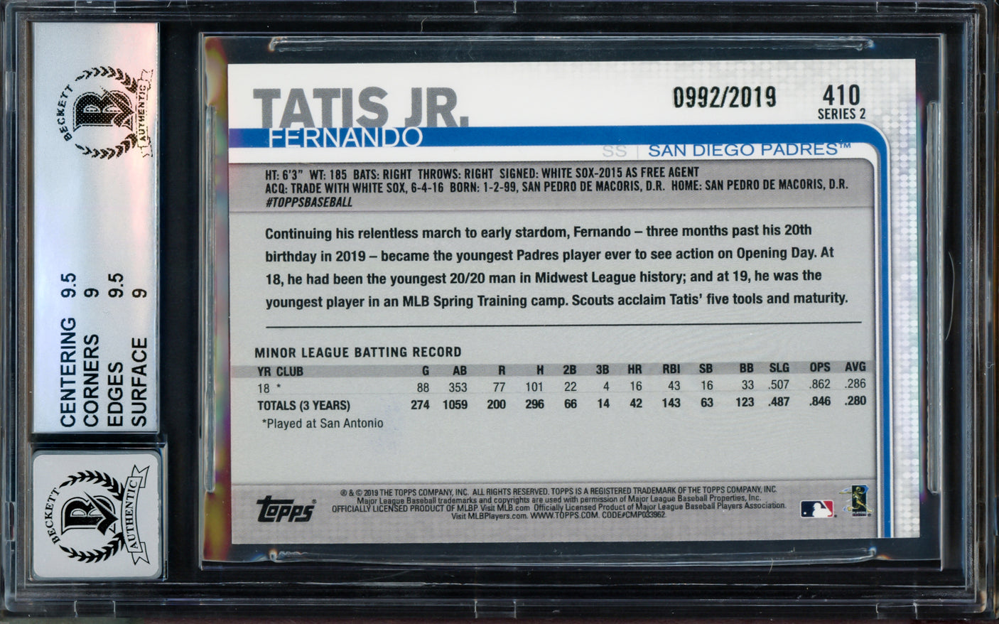 Fernando Tatis Jr. Autographed 2019 Topps Gold Rookie Card #410 San Diego Padres BGS 9 Auto Grade Gem Mint 10 Beckett BAS #14323871