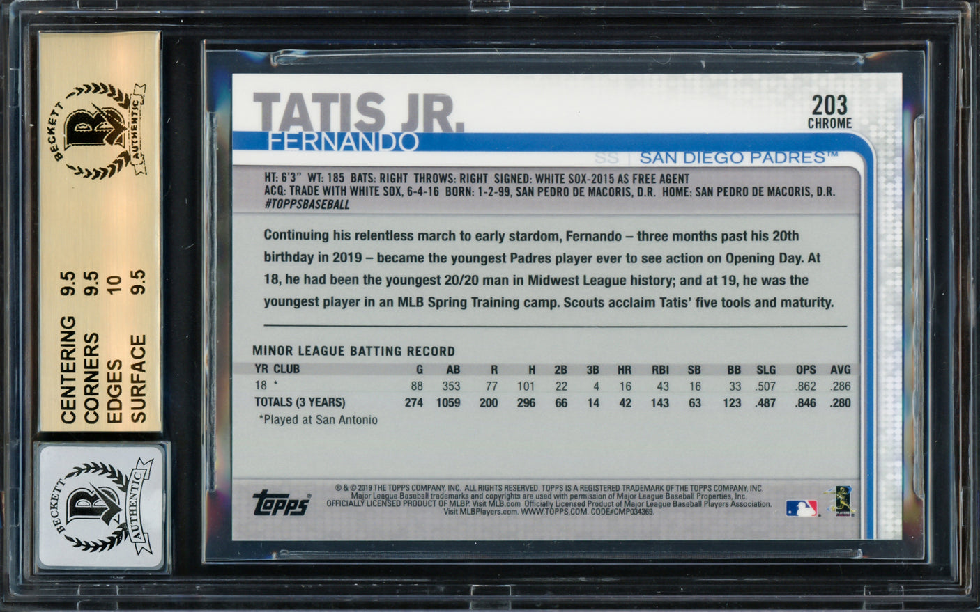 Fernando Tatis Jr. Autographed 2019 Topps Chrome Prizm Refractors Rookie Card #203 San Diego Padres BGS 9.5 Auto Grade Gem Mint 10 Beckett BAS #14984828