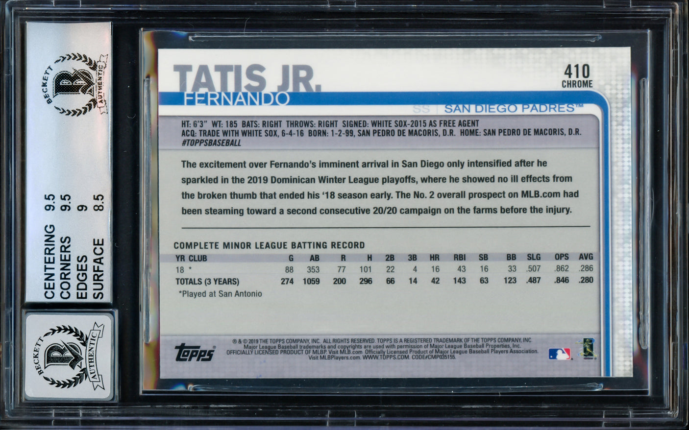 Fernando Tatis Jr. Autographed 2019 Topps Factory Set Chrome Variation Rookie Card #410 San Diego Padres BGS 9 Auto Grade Gem Mint 10 Beckett BAS #14323869