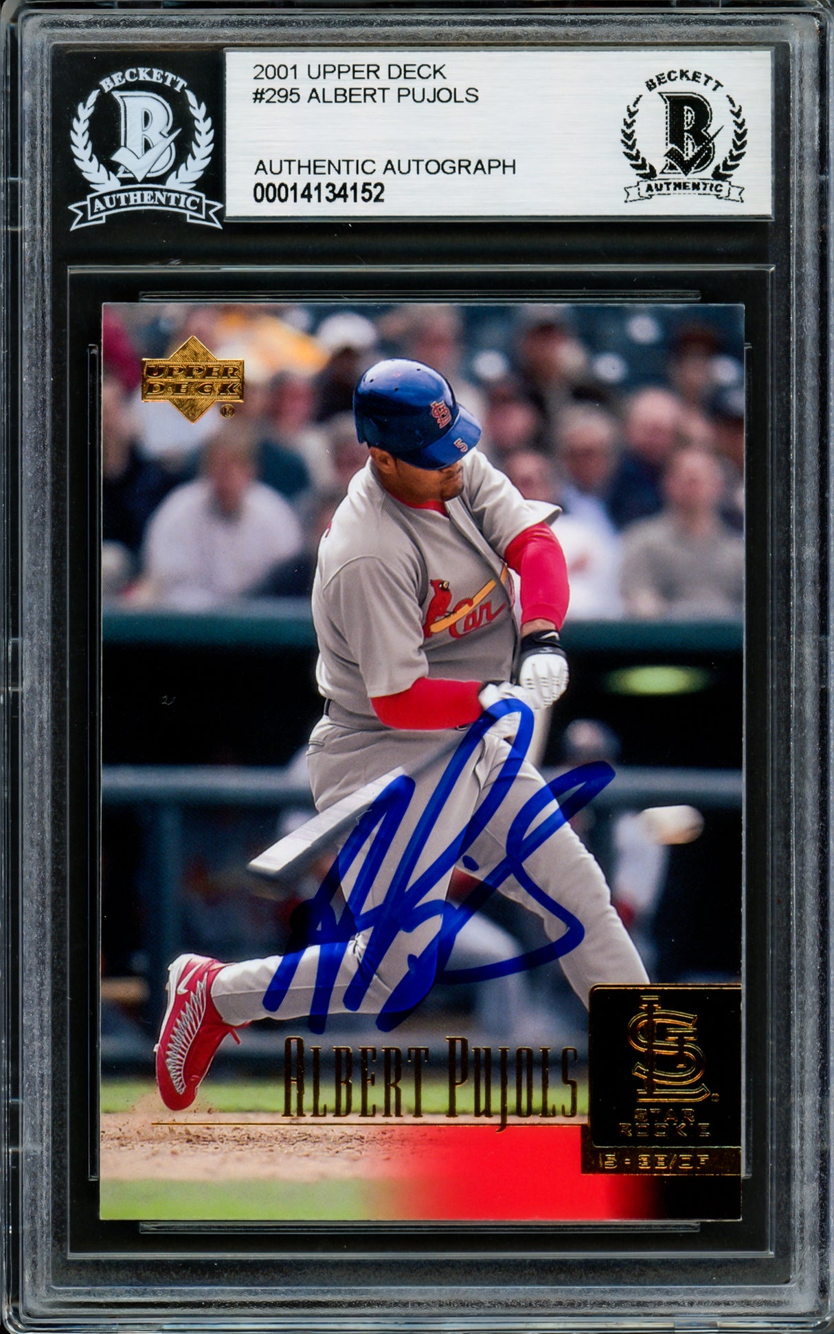 Albert Pujols Autographed 2001 Upper Deck Rookie Card #295 St. Louis Cardinals Beckett BAS #14134152