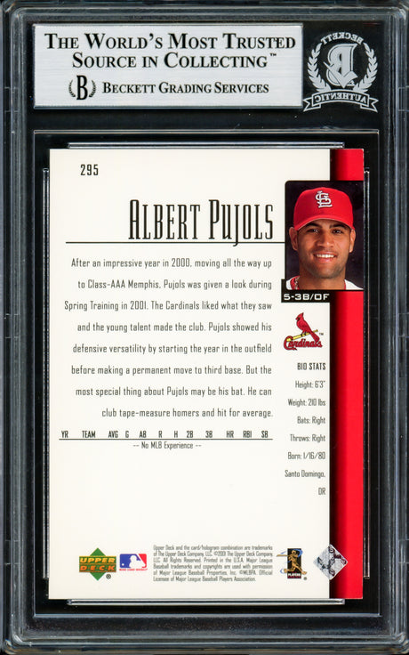Albert Pujols Autographed 2001 Upper Deck Rookie Card #295 St. Louis Cardinals Beckett BAS #14134152