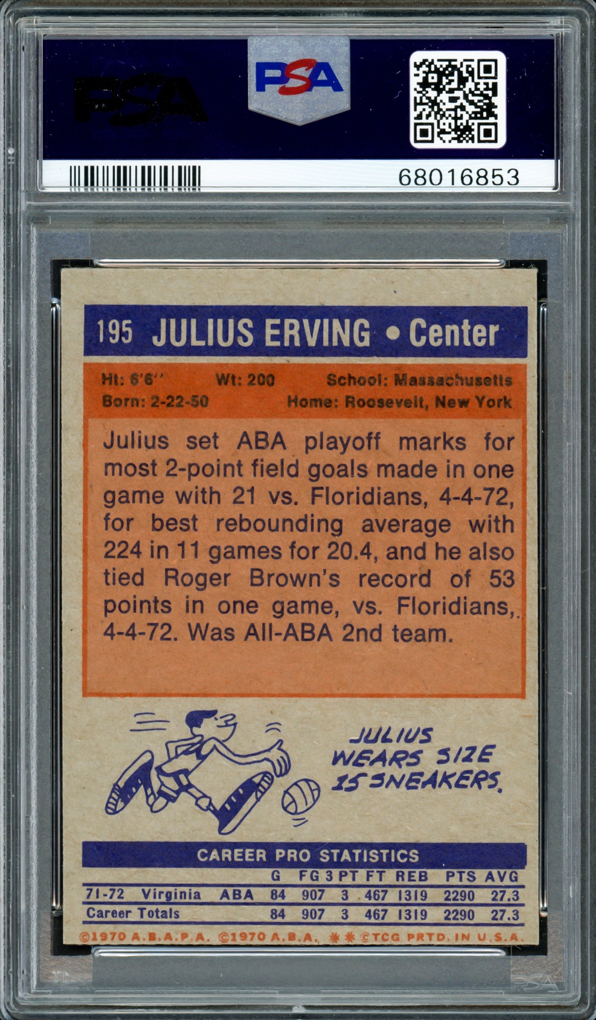 Julius Dr. J Erving Autographed 1972 Topps Rookie Card #195 PSA 5 Auto Grade Gem Mint 10 PSA/DNA #68016853