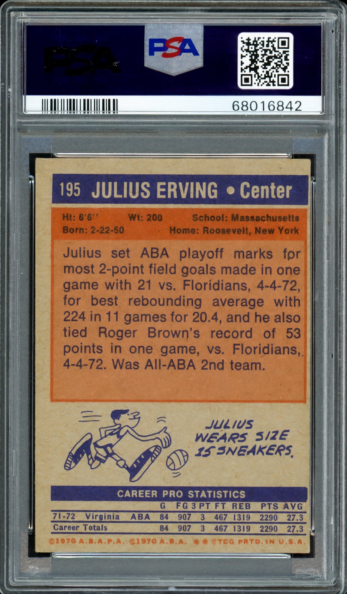 Julius Dr. J Erving Autographed 1972 Topps Rookie Card #195 PSA 5 Auto Grade Gem Mint 10 PSA/DNA #68016842