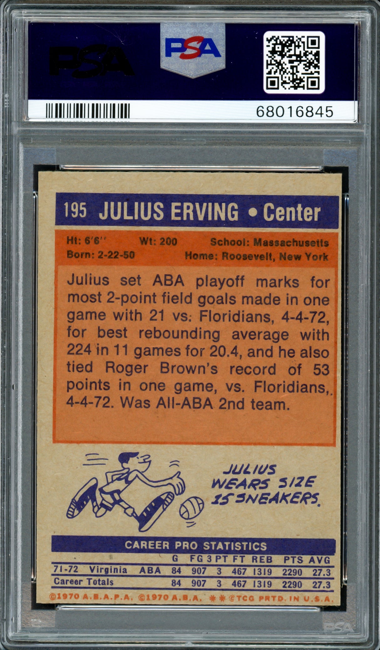 Julius Dr. J Erving Autographed 1972 Topps Rookie Card #195 PSA 6 Auto Grade Gem Mint 10 PSA/DNA #68016845