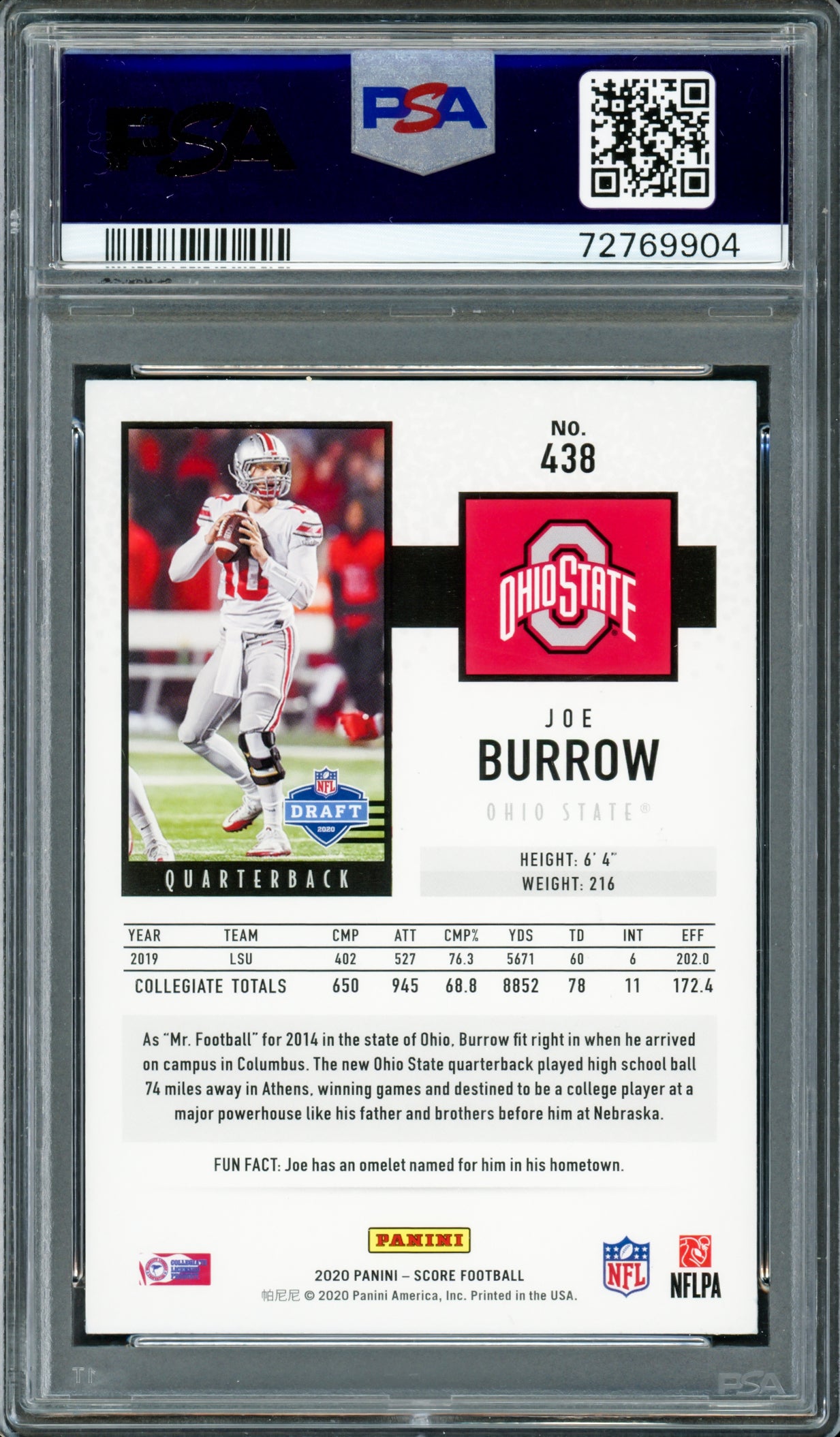 Joe Burrow Autographed 2020 Panini Score Rookie Card #438 Cincinnati Bengals Auto Grade Gem Mint 10 PSA/DNA #72769904