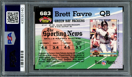 Brett Favre Autographed 1992 Topps Stadium Club Rookie Card #683 Green Bay Packers "HOF 16 Gunslinger" PSA/DNA #43530140