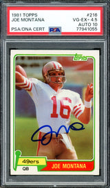 Joe Montana Autographed 1981 Topps Rookie Card #216 San Francisco 49ers PSA 4.5 Auto Grade Gem Mint 10 PSA/DNA #77941055