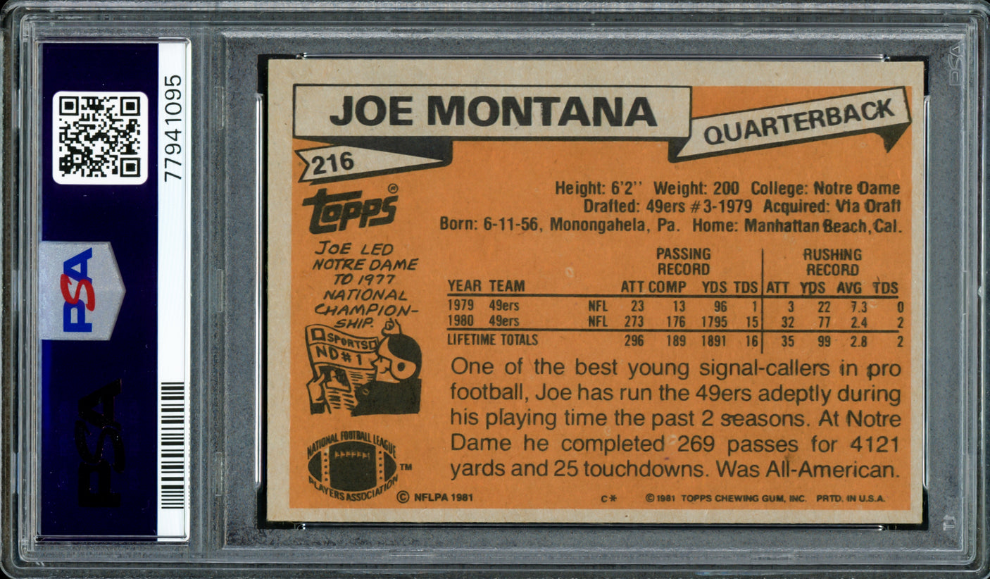 Joe Montana Autographed 1981 Topps Rookie Card #216 San Francisco 49ers PSA 4 Auto Grade Gem Mint 10 PSA/DNA #77941095