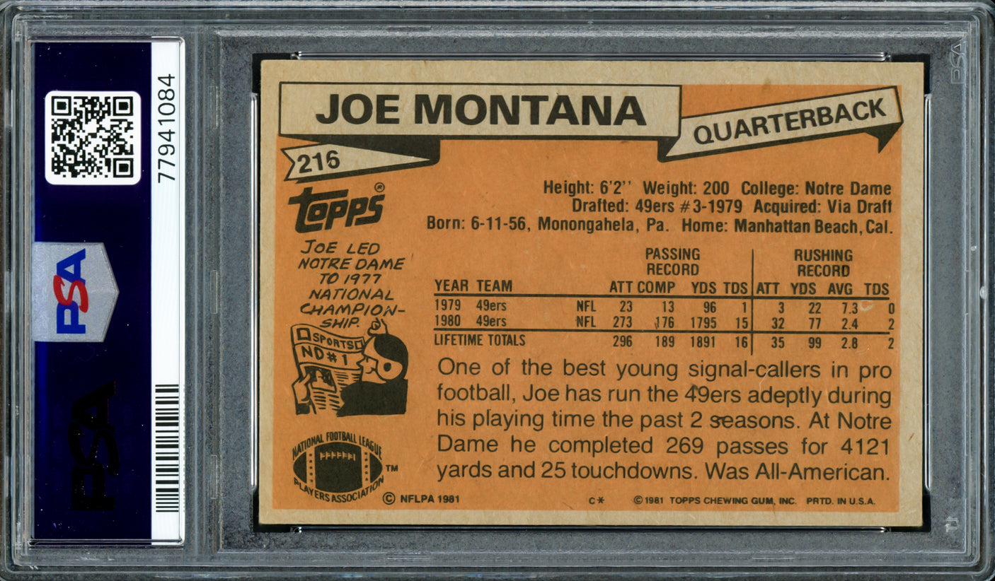 Joe Montana Autographed 1981 Topps Rookie Card #216 San Francisco 49ers PSA 4 Auto Grade Gem Mint 10 PSA/DNA #77941084