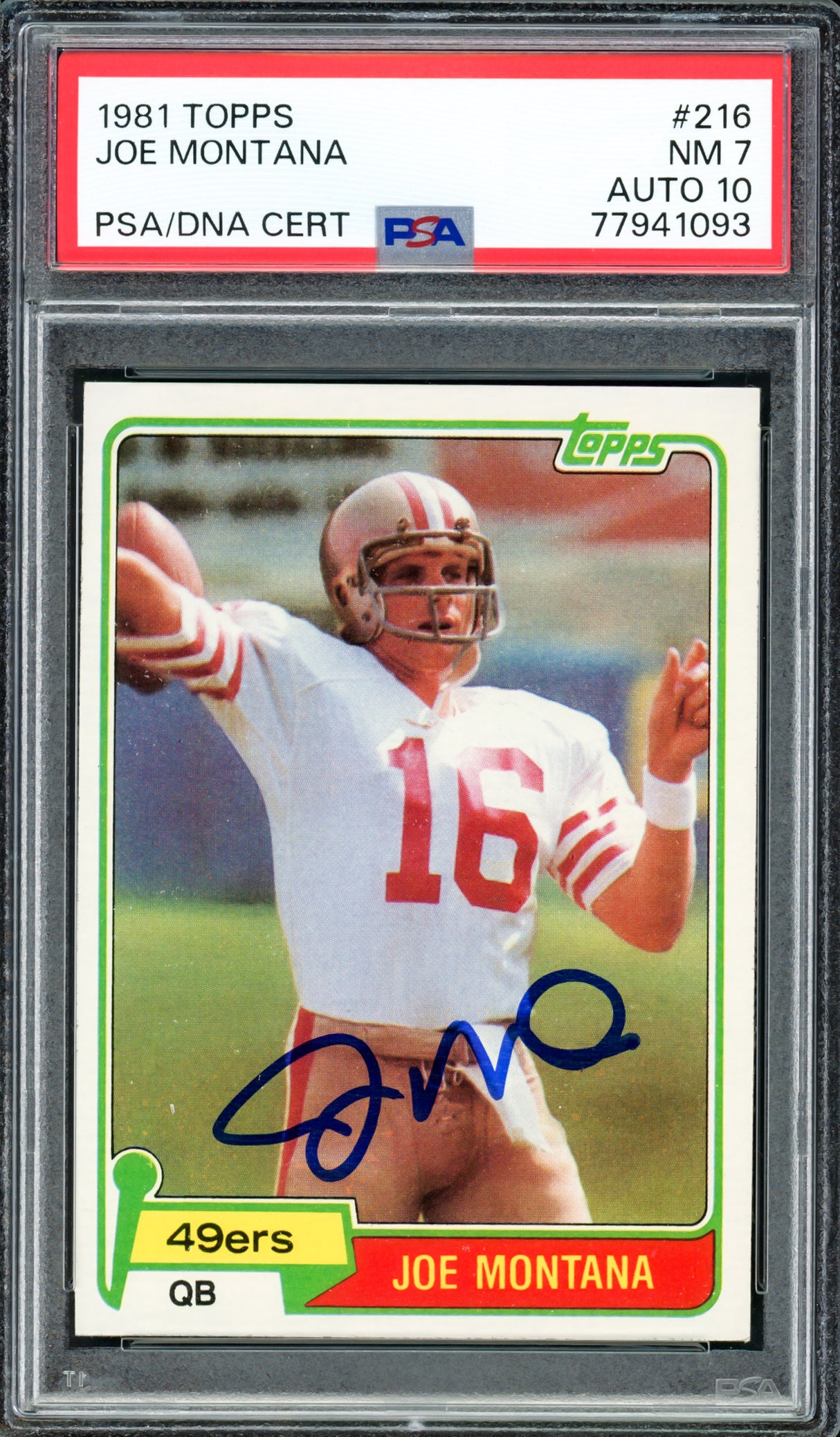 Joe Montana Autographed 1981 Topps Rookie Card #216 San Francisco 49ers PSA 7 Auto Grade Gem Mint 10 PSA/DNA #77941093
