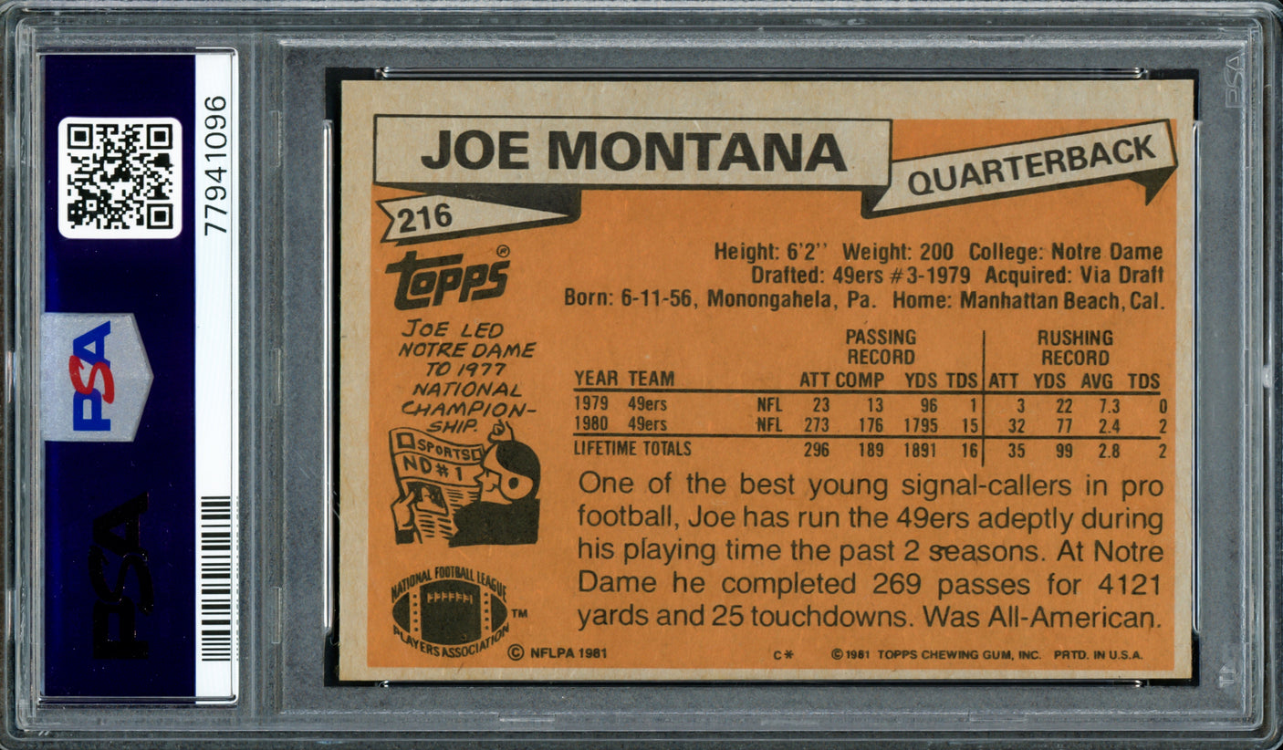 Joe Montana Autographed 1981 Topps Rookie Card #216 San Francisco 49ers PSA 6 Auto Grade Gem Mint 10 PSA/DNA #77941096