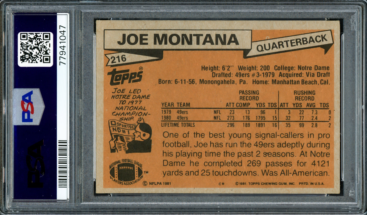 Joe Montana Autographed 1981 Topps Rookie Card #216 San Francisco 49ers PSA 4 Auto Grade Gem Mint 10 PSA/DNA #77941047