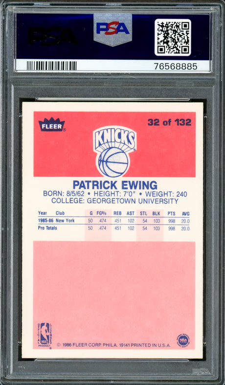 Patrick Ewing Autographed 1986-87 Fleer Rookie Card #32 New York Knicks PSA 8 Auto Grade Gem Mint 10 PSA/DNA #76568885