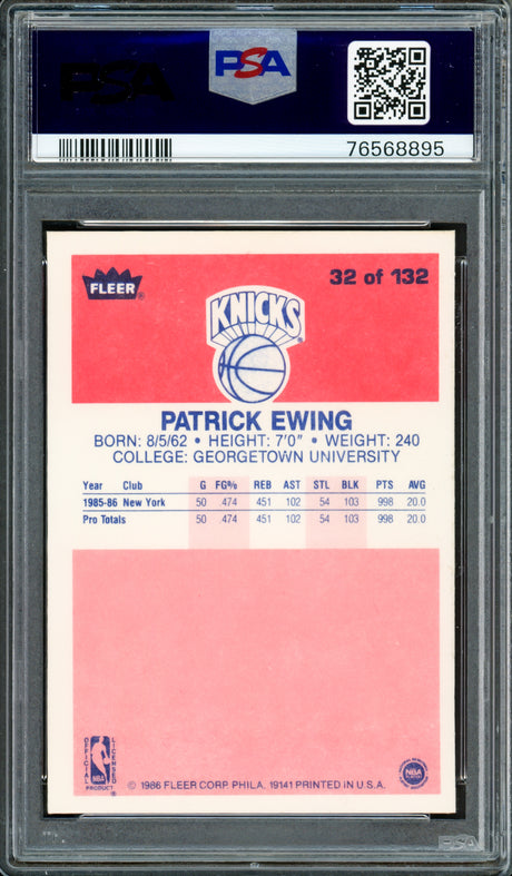 Patrick Ewing Autographed 1986-87 Fleer Rookie Card #32 New York Knicks PSA 8 Auto Grade Gem Mint 10 PSA/DNA #76568895