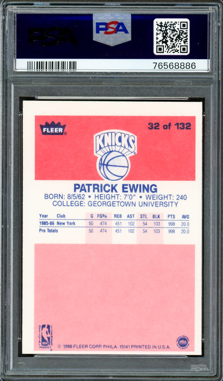 Patrick Ewing Autographed 1986-87 Fleer Rookie Card #32 New York Knicks PSA 6 Auto Grade Gem Mint 10 PSA/DNA #76568886