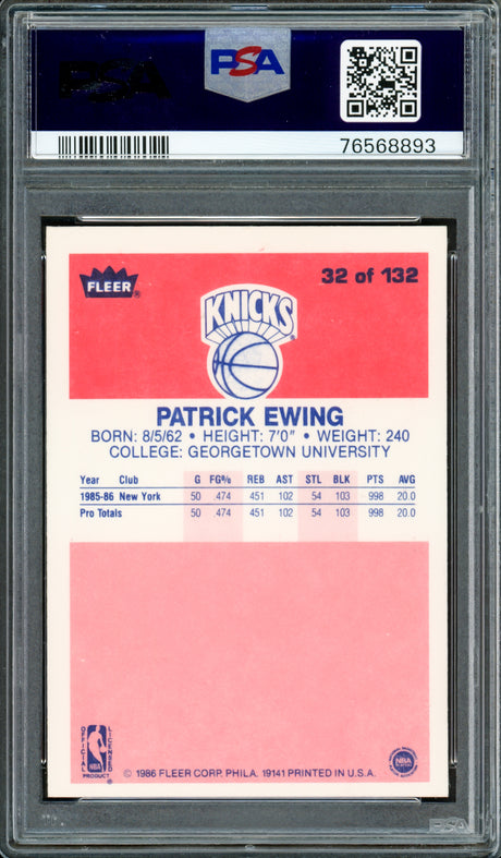 Patrick Ewing Autographed 1986-87 Fleer Rookie Card #32 New York Knicks PSA 6 Auto Grade Gem Mint 10 PSA/DNA #76568893