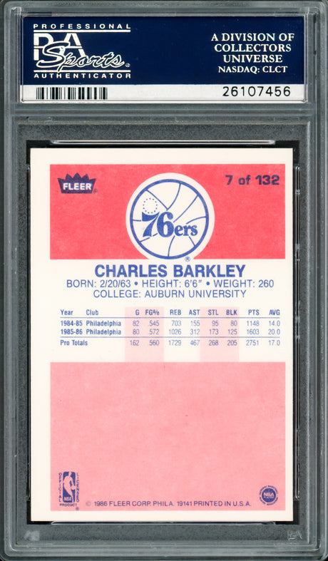 Charles Barkley Autographed 1986-87 Fleer Rookie Card #7 Philadelphia 76ers PSA/DNA #26107456
